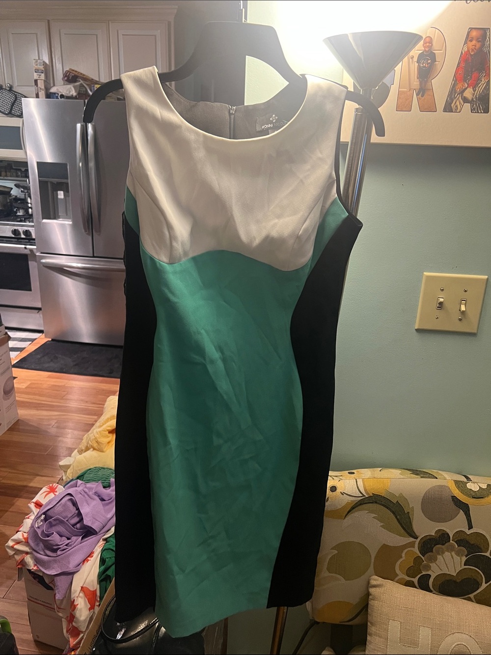 Ronni Nicole Colorblock Midi Dress in White, Teal & Black